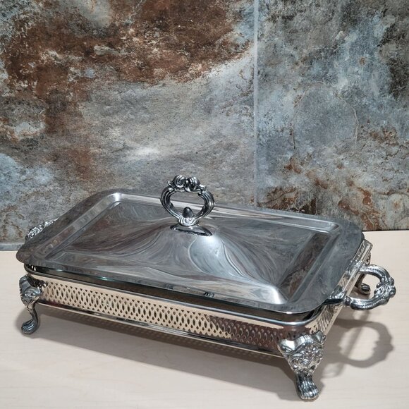 Silver Plated Rectangular Chafing Dish Glass Insert Decorative Scrollwork Accent - Picture 6 of 11